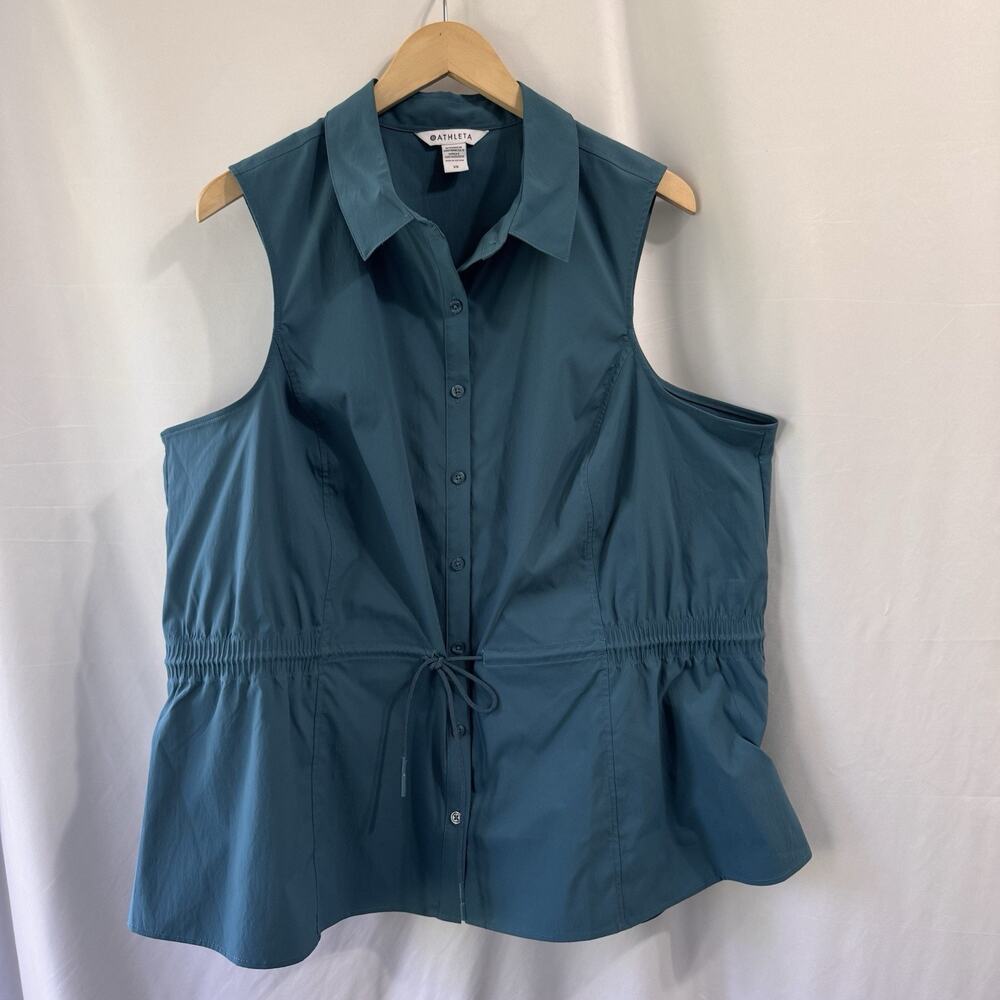 Athleta Teal Button-Front Drawstring Sleeveless Top